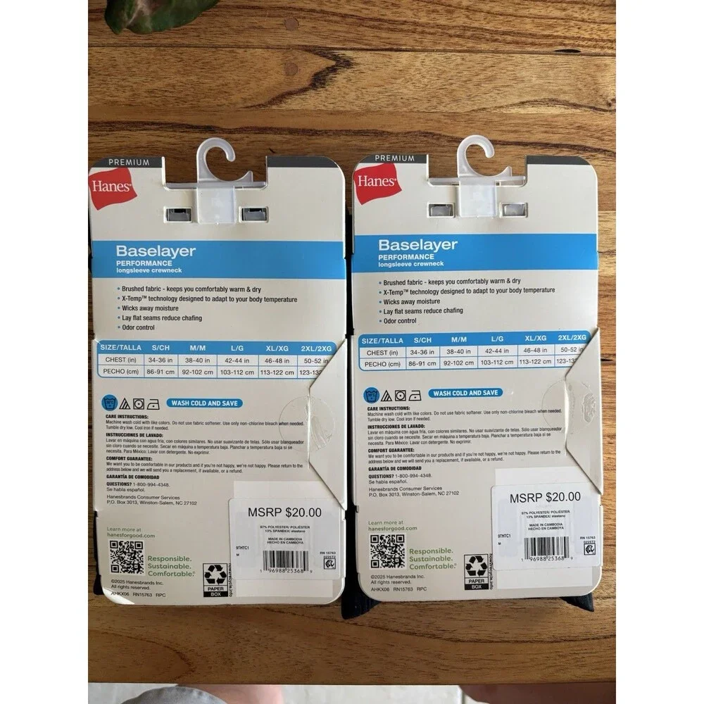 NWT Lot Of 2 Hanes Men's Thermal Long Sleeve Performance Top Black Med Baselayer - Picture 2 of 7